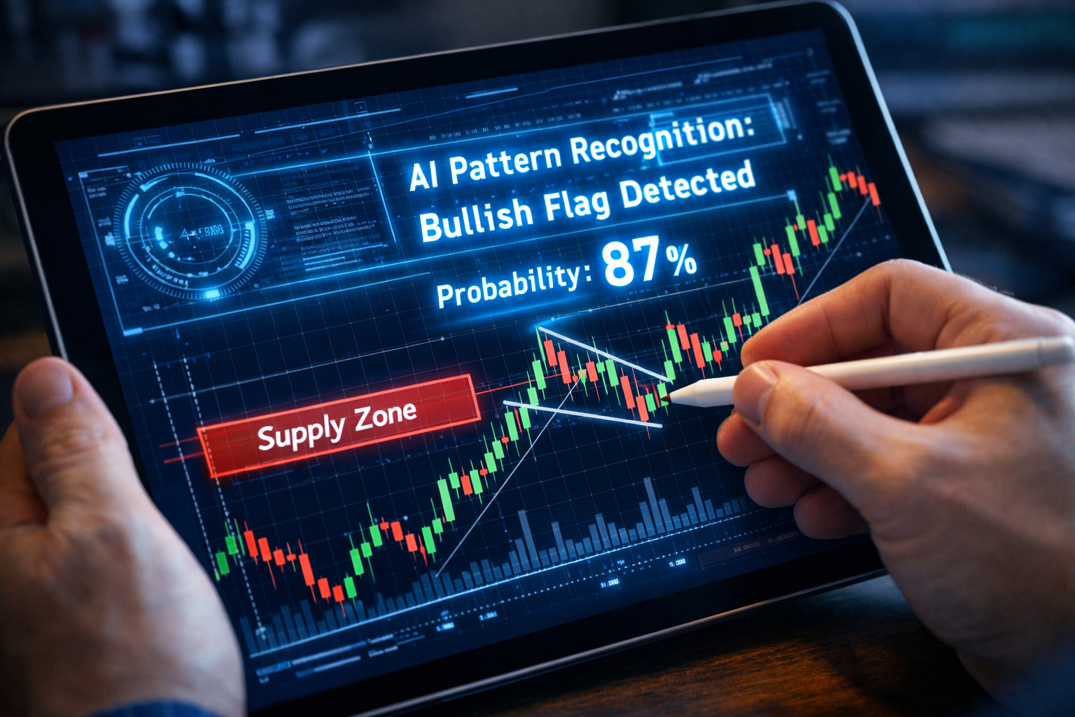 Human hand analyzing stock chart with AI overlay interface